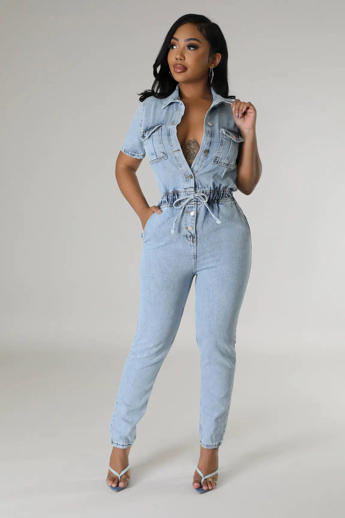 Elegant Blue Denim Stretch Jumpsuit for Women
