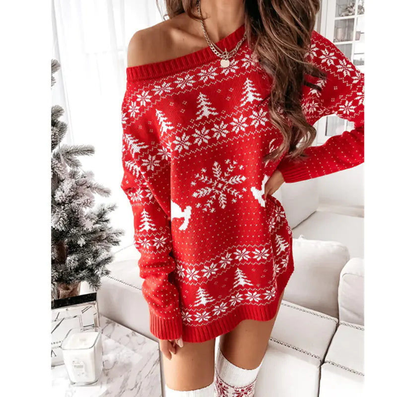 Ladies Christmas Jacquard Knit Long Sleeve Dress