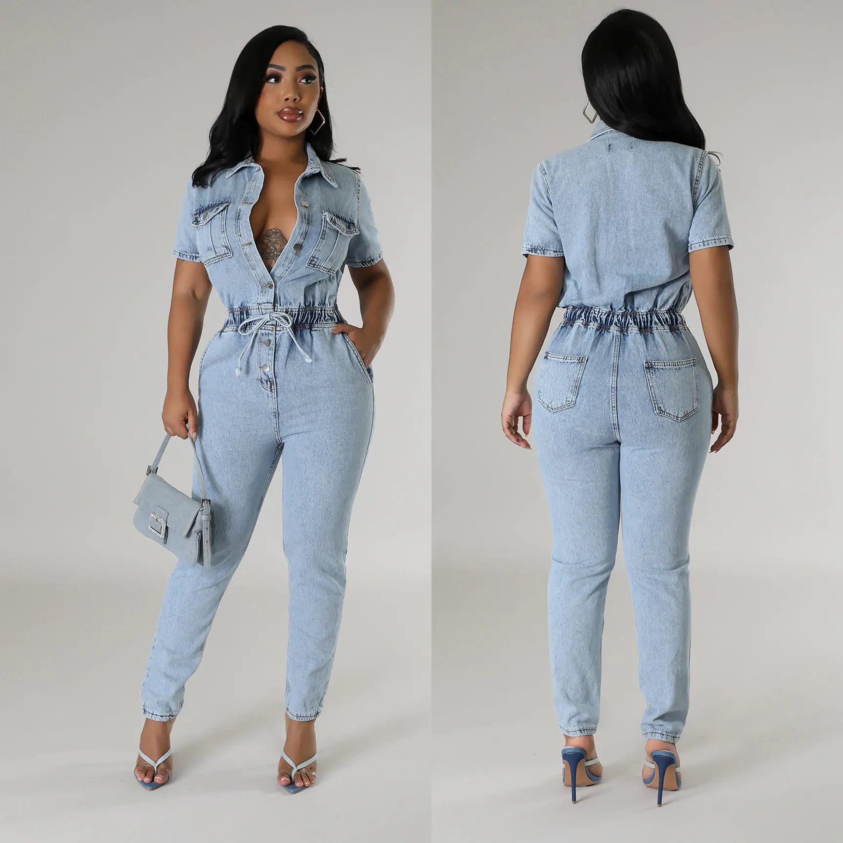 Elegant Blue Denim Stretch Jumpsuit for Women