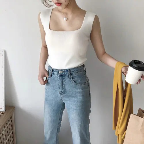 Knit Ice Silk Women's Summer Cami Top in Black/White