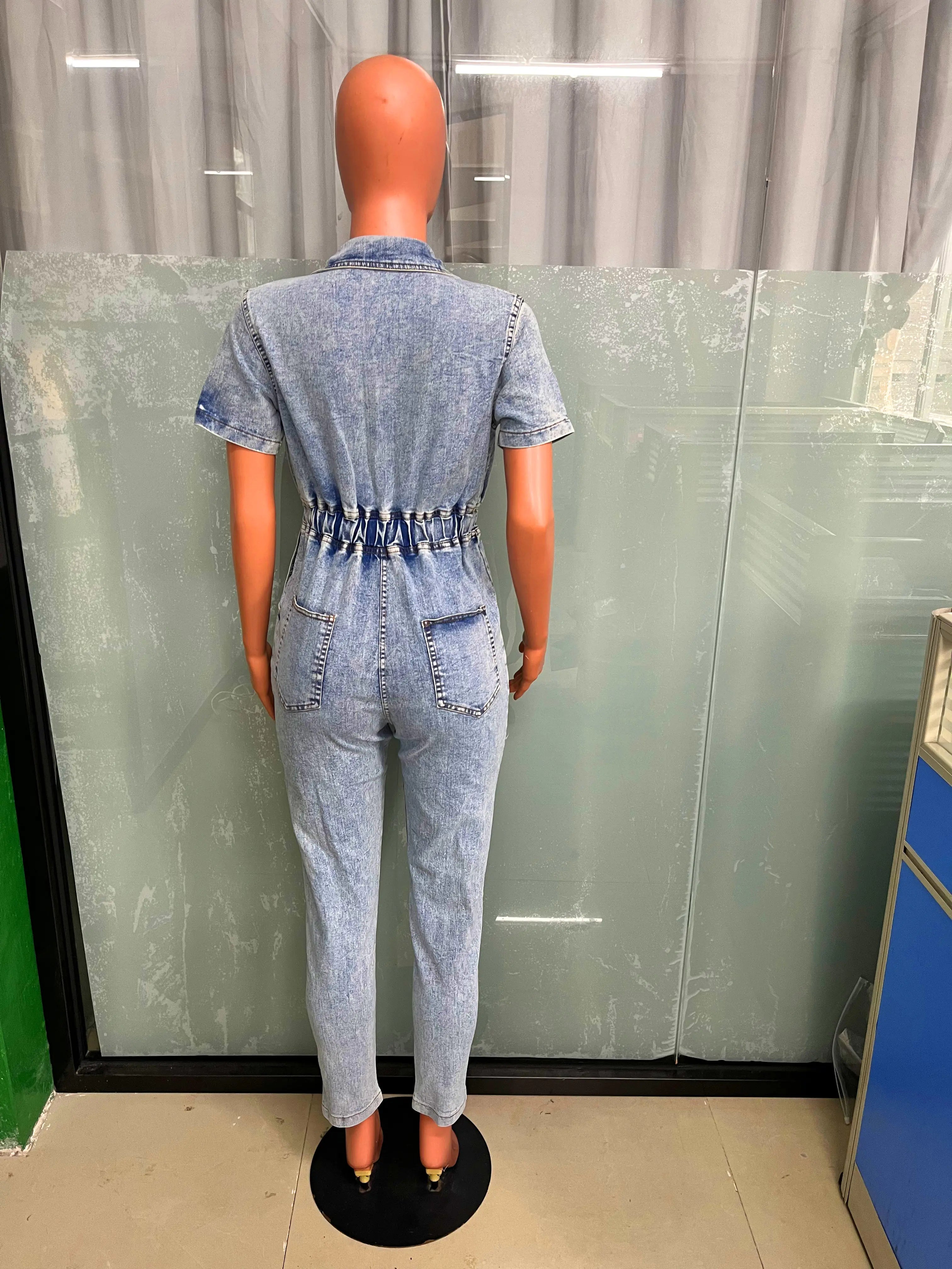 Elegant Blue Denim Stretch Jumpsuit for Women