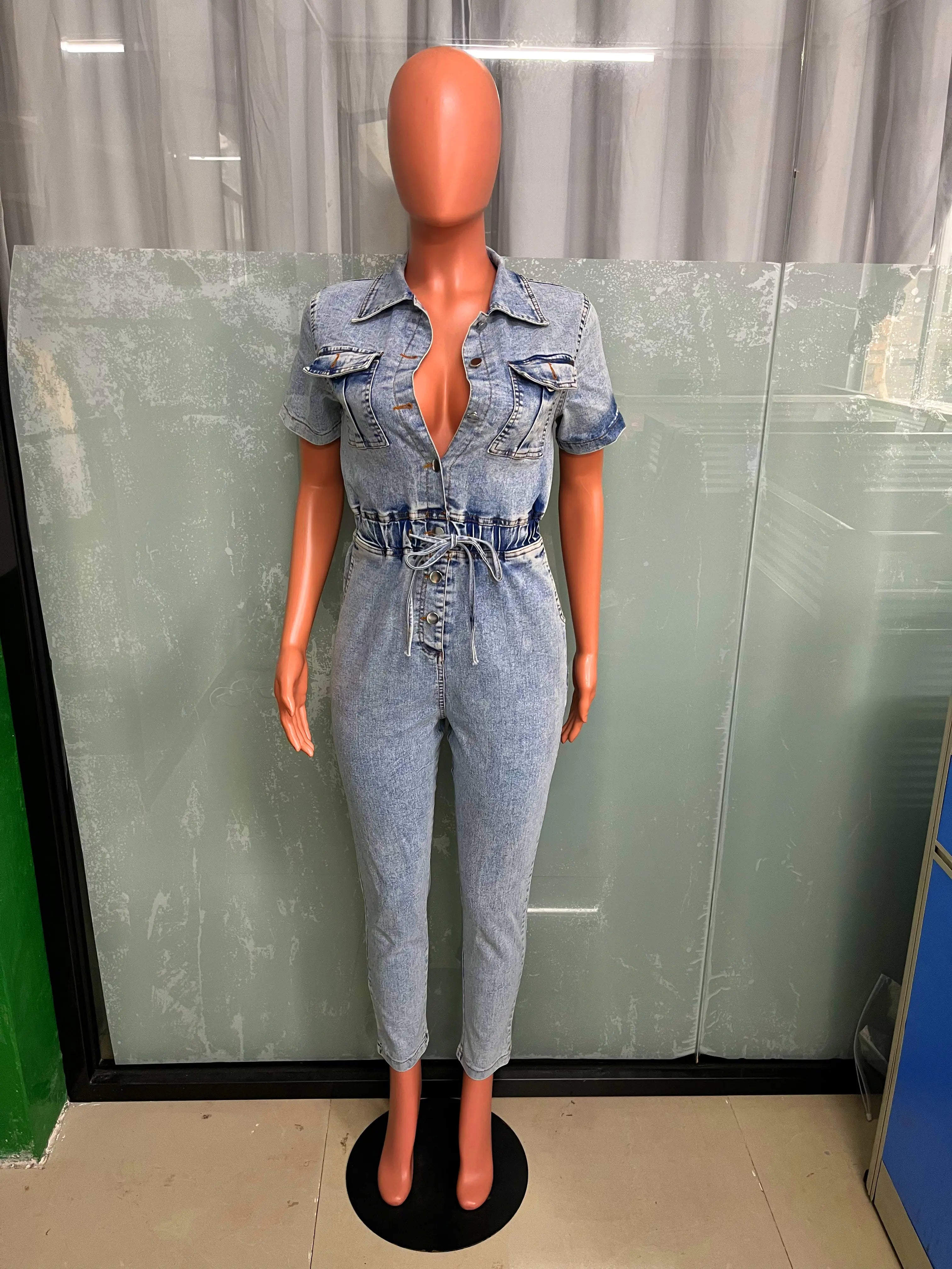 Elegant Blue Denim Stretch Jumpsuit for Women
